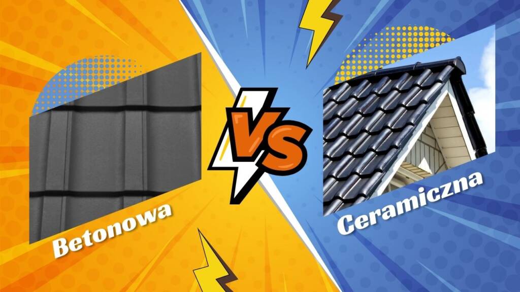 Porównanie dachówki betonowej i ceramicznej na kolorowym tle z napisem "Betonowa" i "Ceramiczna".