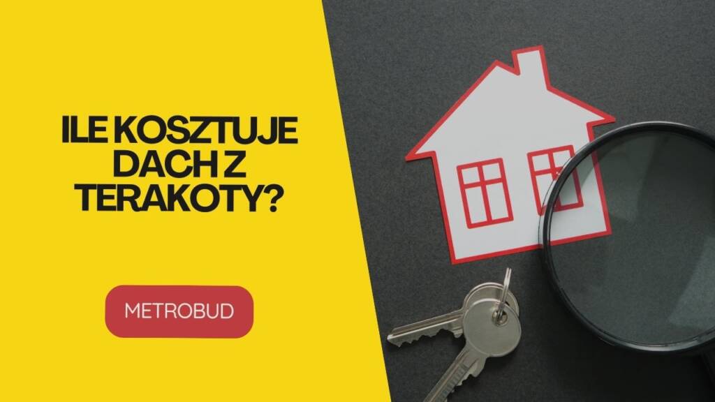 Grafika z domkiem, kluczami i lupą na tle z napisem "Ile kosztuje dach z terakoty?