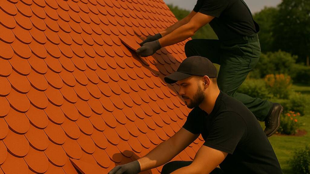 Obrazek przedstawia dwóch mężczyzn układających dachówkę karpiówkę