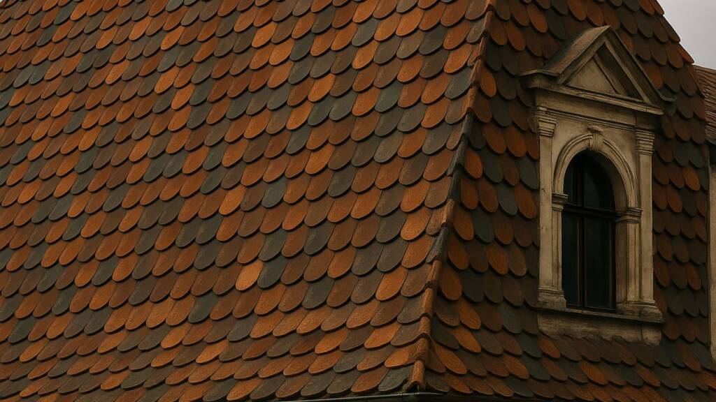 Obrazek przedstawia dachówkę karpiówkę na starym domu.