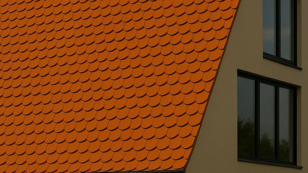 Obrazek przedstawia dachówkę karpiówkę w przybliżeniu na nowoczesnym domu.
