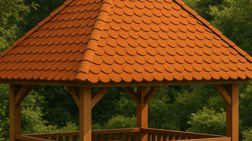 Obrazek przedstawia dachówkę karpiówkę na altance.