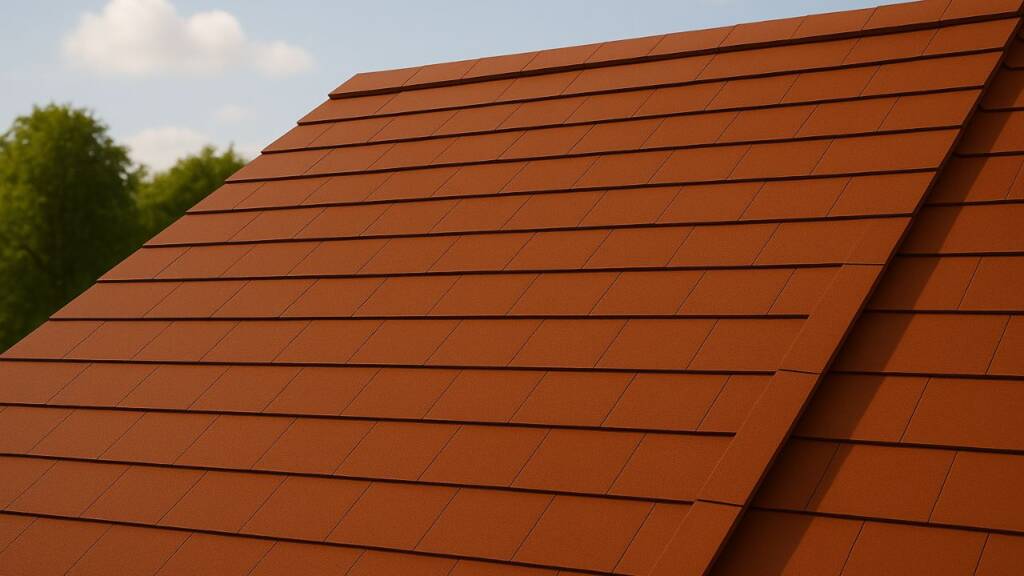 Obrazek przedstawia brązową dachówkę płaską na dachu