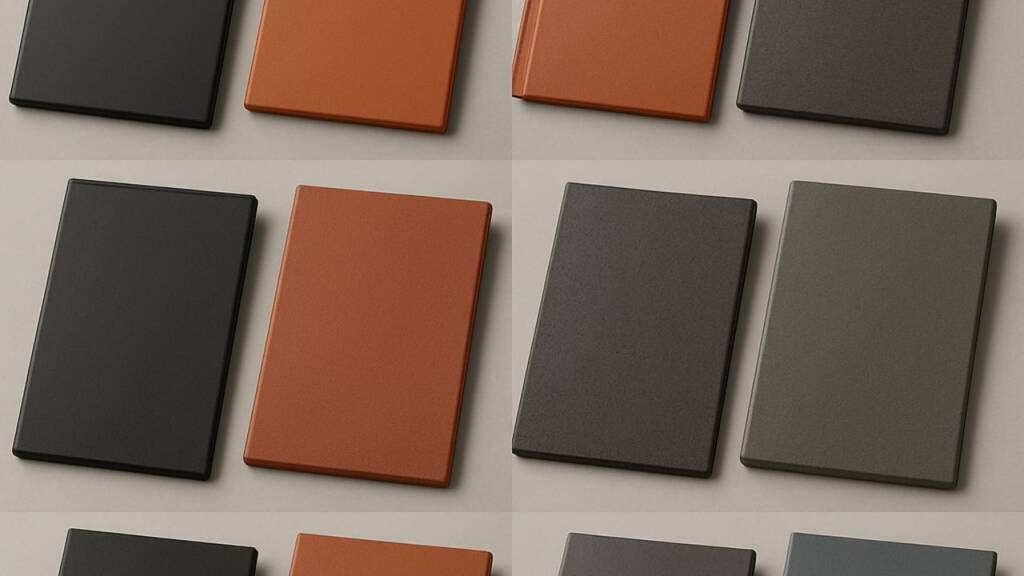 Obrazek przedstawia kilka dachówek płaskich w kolorach czarnym i brązowym